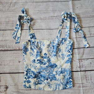 Reformation Ellora Crop White Blue Floral Tie Sleeve Top Womens 0
